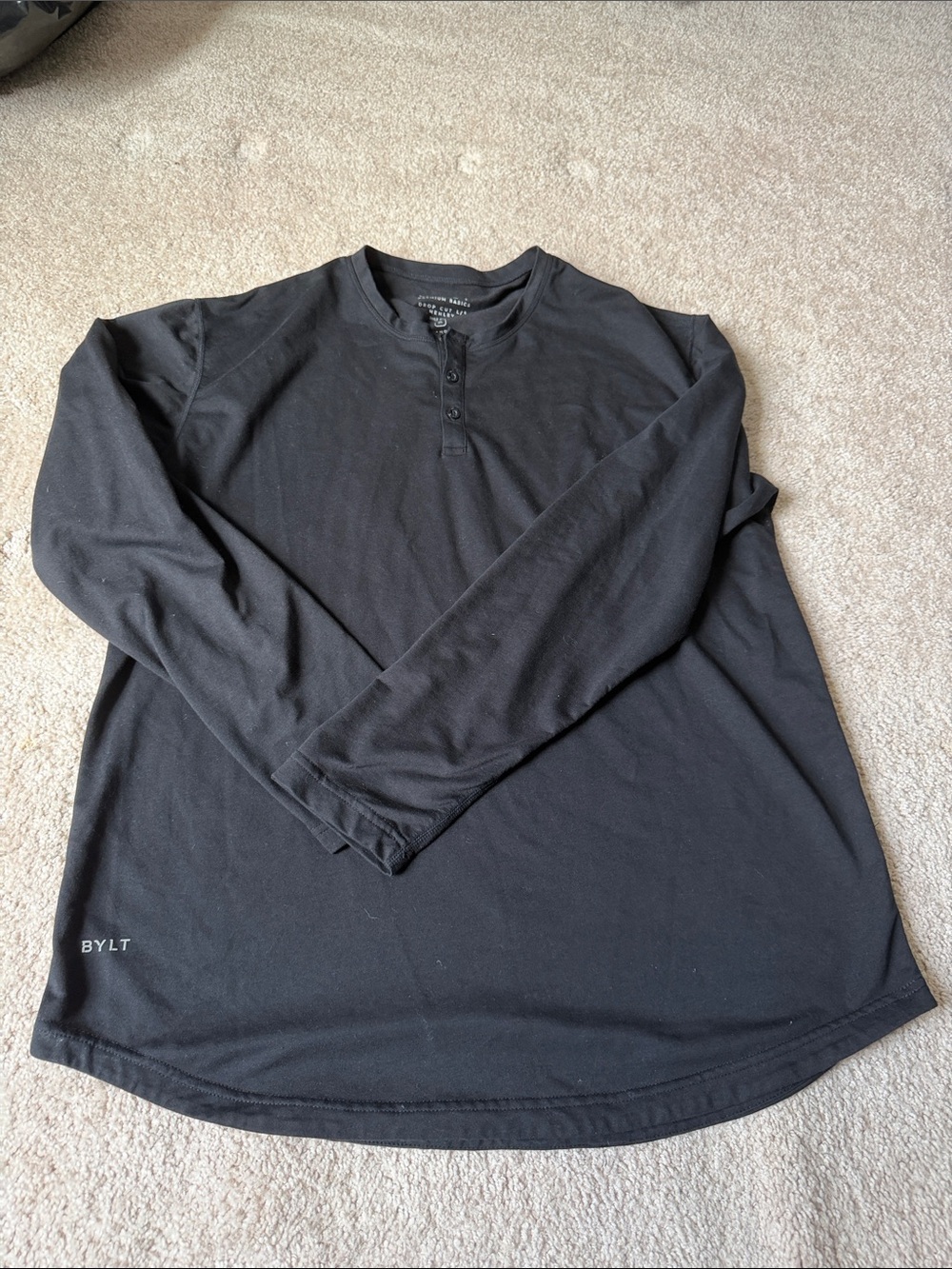 BYLT Basics Drop Cut Long-Sleeve Henley in Black
